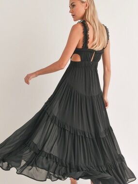 Black Ruffled Chiffon Maxi Dress with Cutout Back